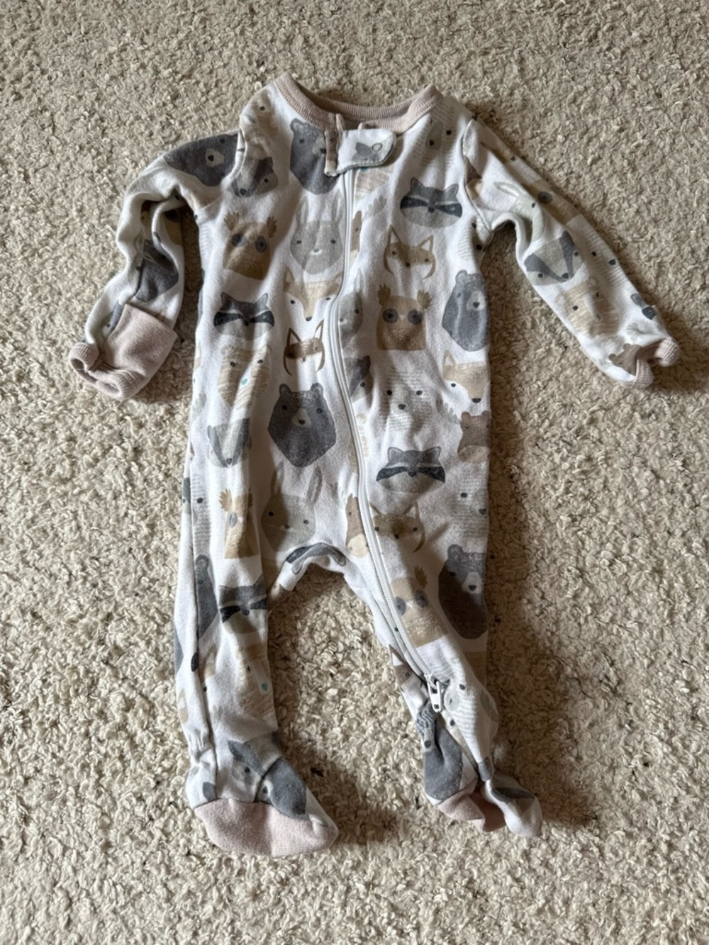 cloud island Neutral Animal Faces Footed One-Piece Pajamas in Gray and Beige